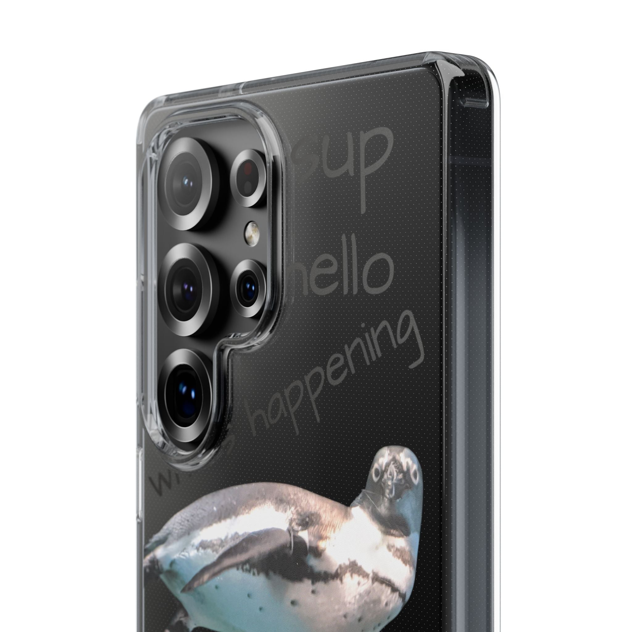 Clear Penguin Phone Case — Cute Floating Penguin with Casual Greetings, Clear Impact‑Resistant iPhone Case