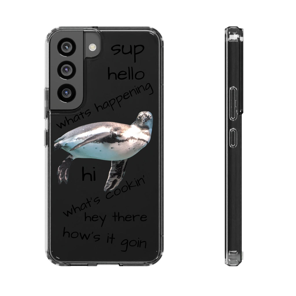 Clear Penguin Phone Case — Cute Floating Penguin with Casual Greetings, Clear Impact‑Resistant iPhone Case
