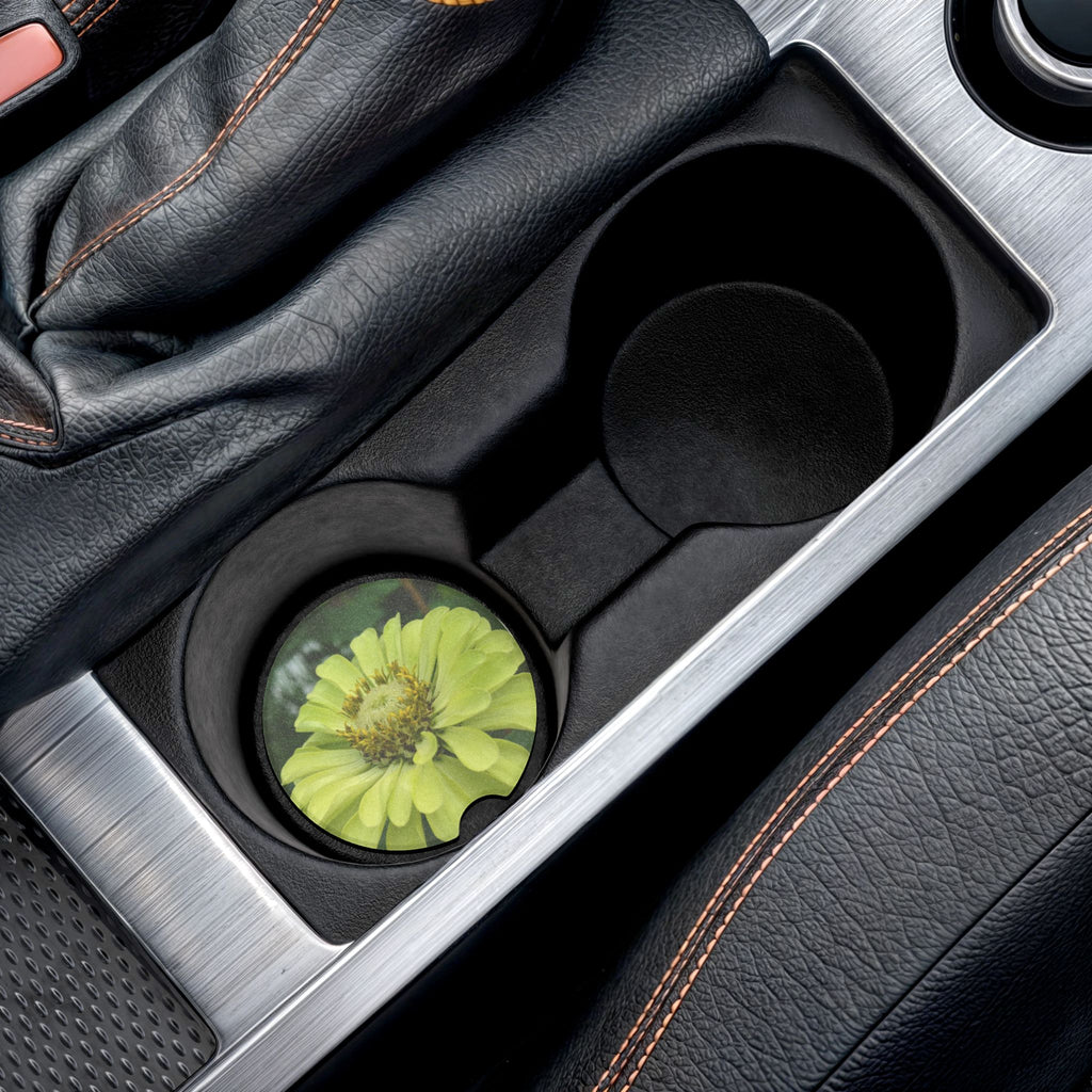 Yellow Zinnia Soapstone Car Coaster — Floral Drink Holder for Cupholders