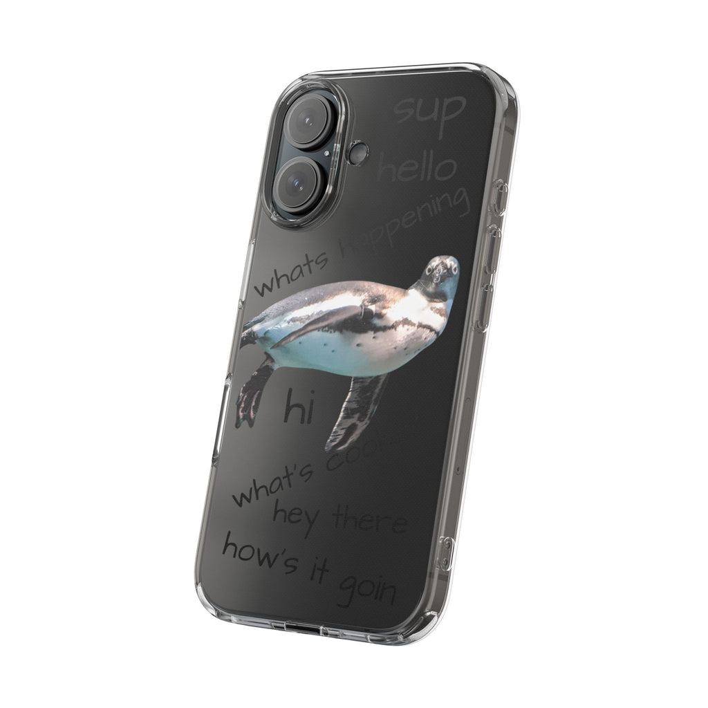 Clear Penguin Phone Case — Cute Floating Penguin with Casual Greetings, Clear Impact‑Resistant iPhone Case