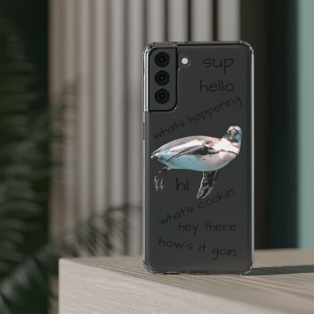 Clear Penguin Phone Case — Cute Floating Penguin with Casual Greetings, Clear Impact‑Resistant iPhone Case