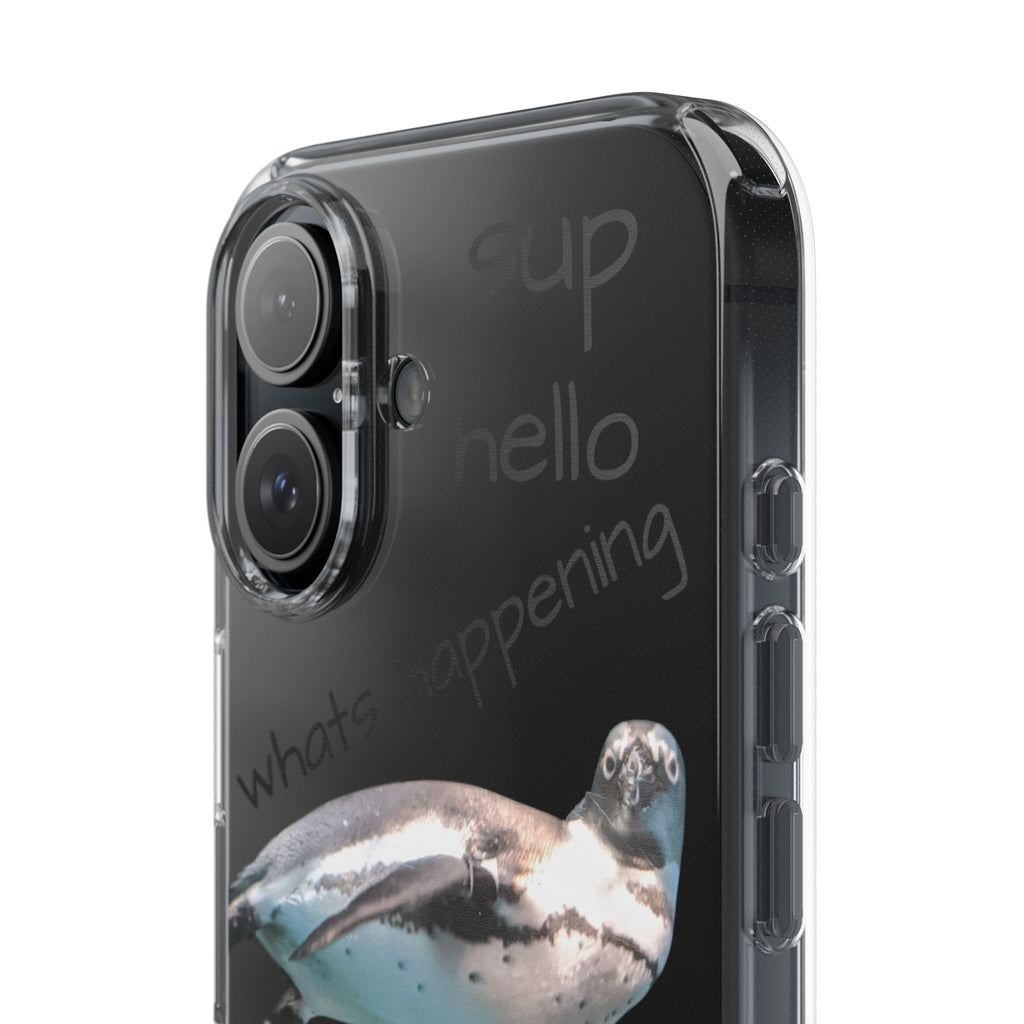Clear Penguin Phone Case — Cute Floating Penguin with Casual Greetings, Clear Impact‑Resistant iPhone Case