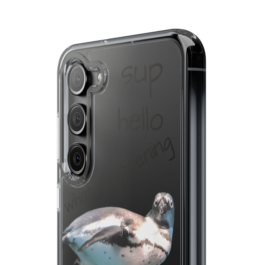Clear Penguin Phone Case — Cute Floating Penguin with Casual Greetings, Clear Impact‑Resistant iPhone Case