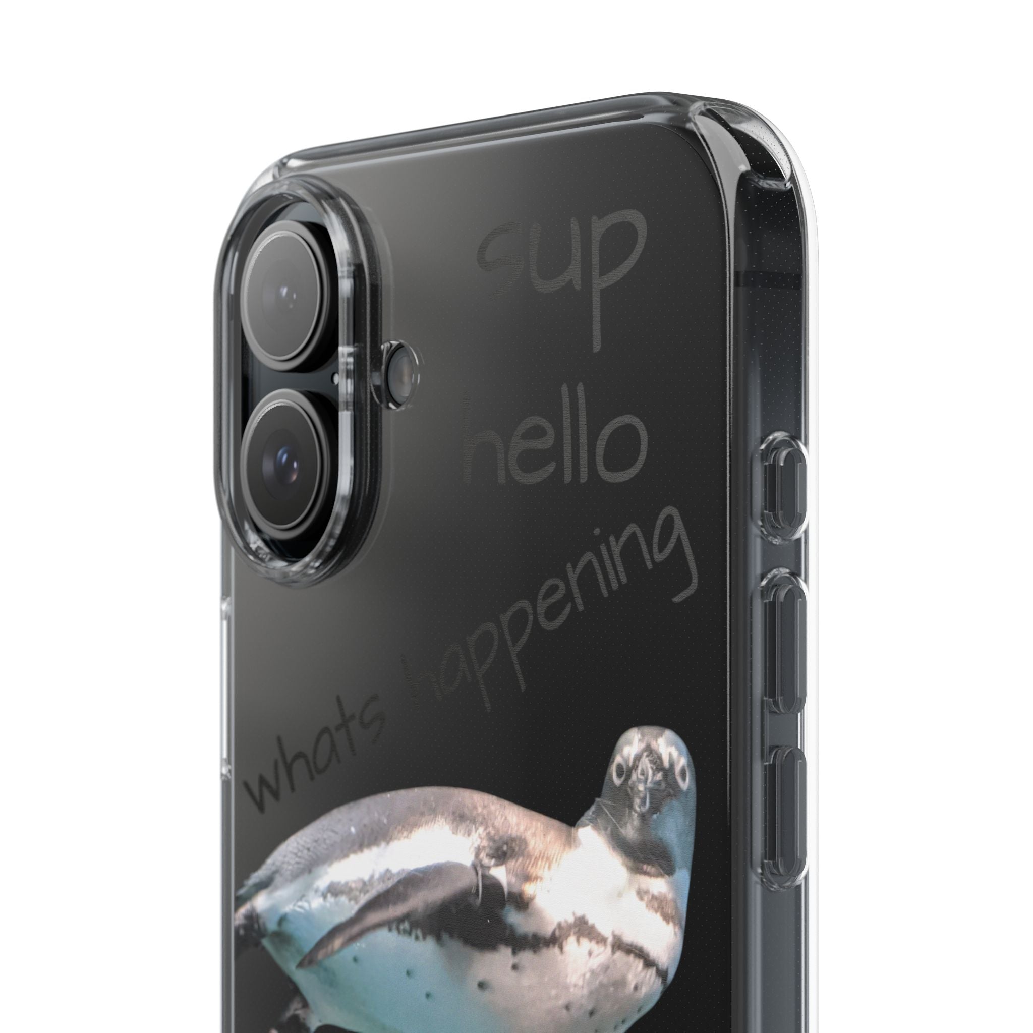 Clear Penguin Phone Case — Cute Floating Penguin with Casual Greetings, Clear Impact‑Resistant iPhone Case