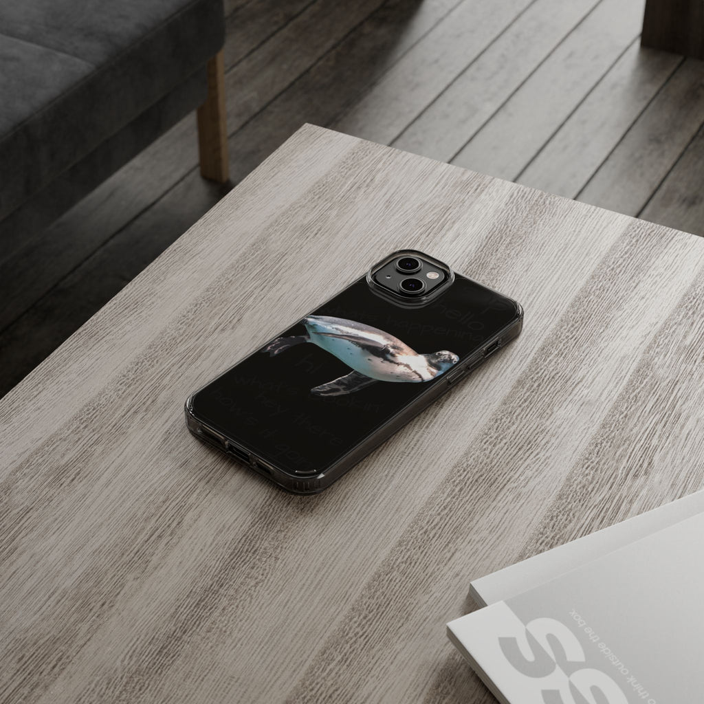Clear Penguin Phone Case — Cute Floating Penguin with Casual Greetings, Clear Impact‑Resistant iPhone Case