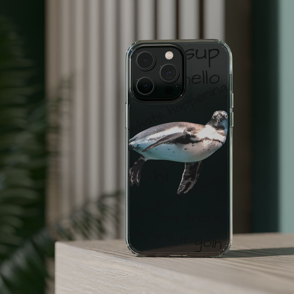 Clear Penguin Phone Case — Cute Floating Penguin with Casual Greetings, Clear Impact‑Resistant iPhone Case