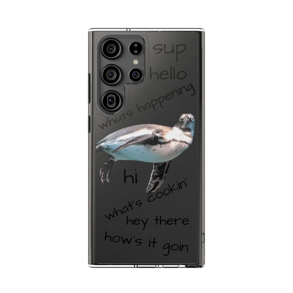 Clear Penguin Phone Case — Cute Floating Penguin with Casual Greetings, Clear Impact‑Resistant iPhone Case