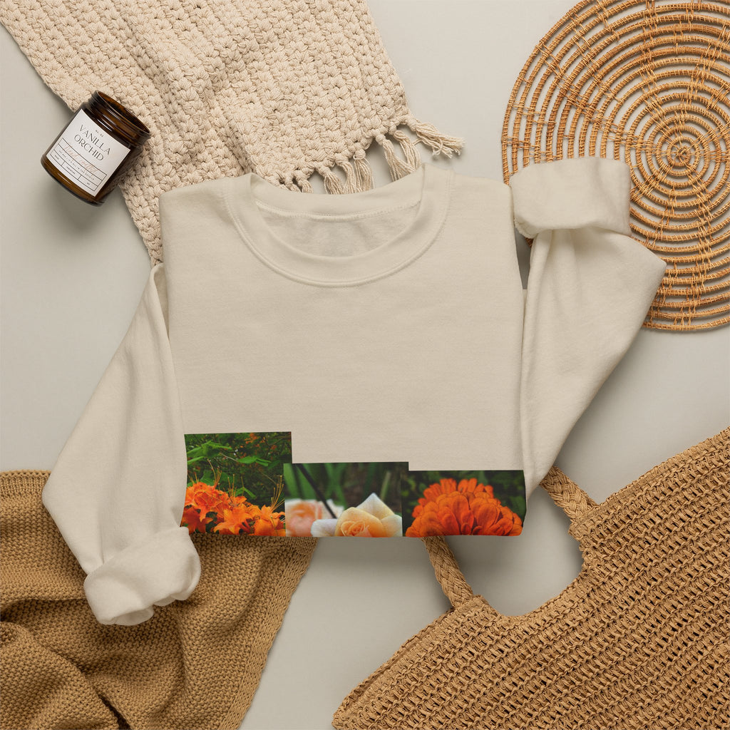 Floral Patchwork Crewneck Sweatshirt — Orange Marigold & Rose Garden Design