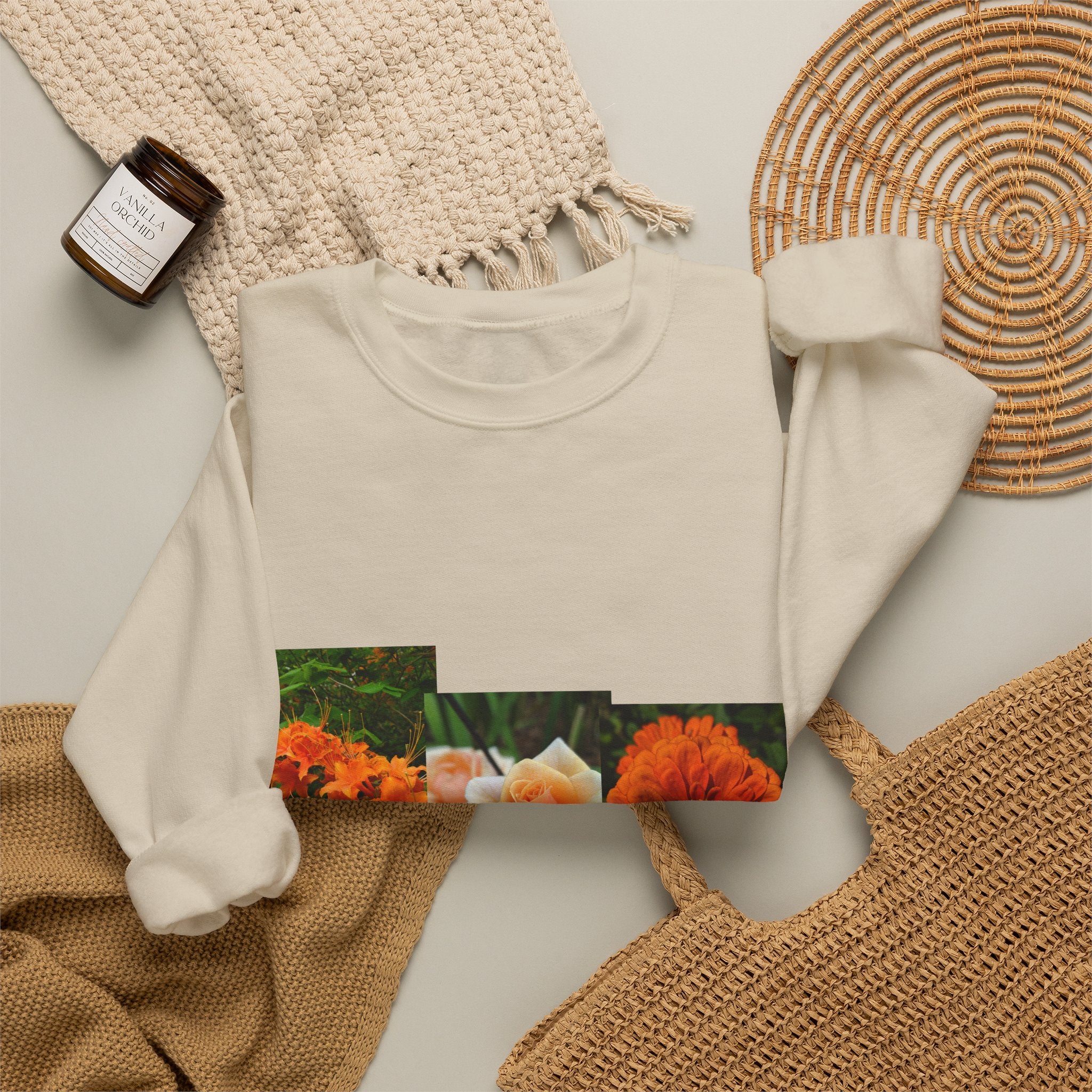 Floral Patchwork Crewneck Sweatshirt — Orange Marigold & Rose Garden Design