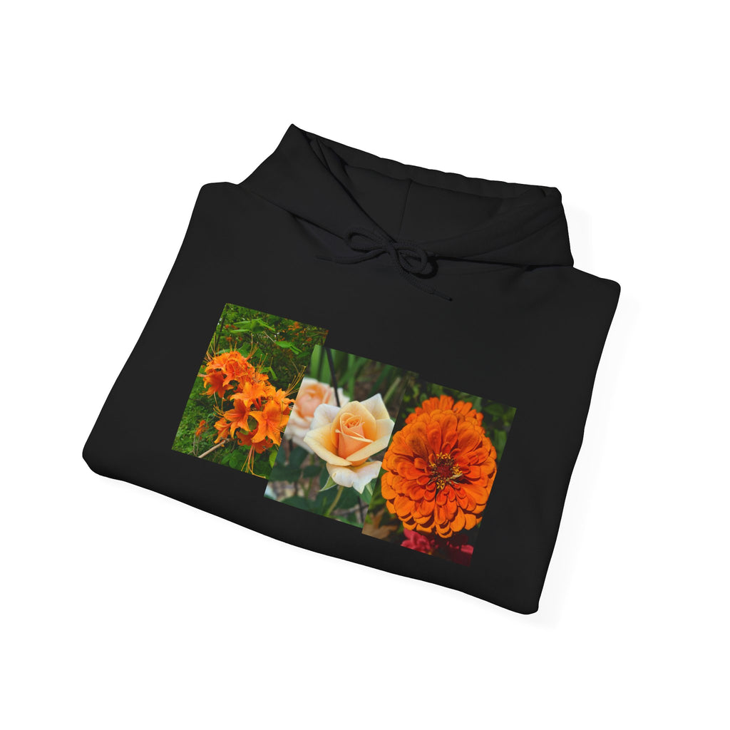 Floral Rectangle Print Hoodie — Orange Rose & Marigold Graphic Sweatshirt