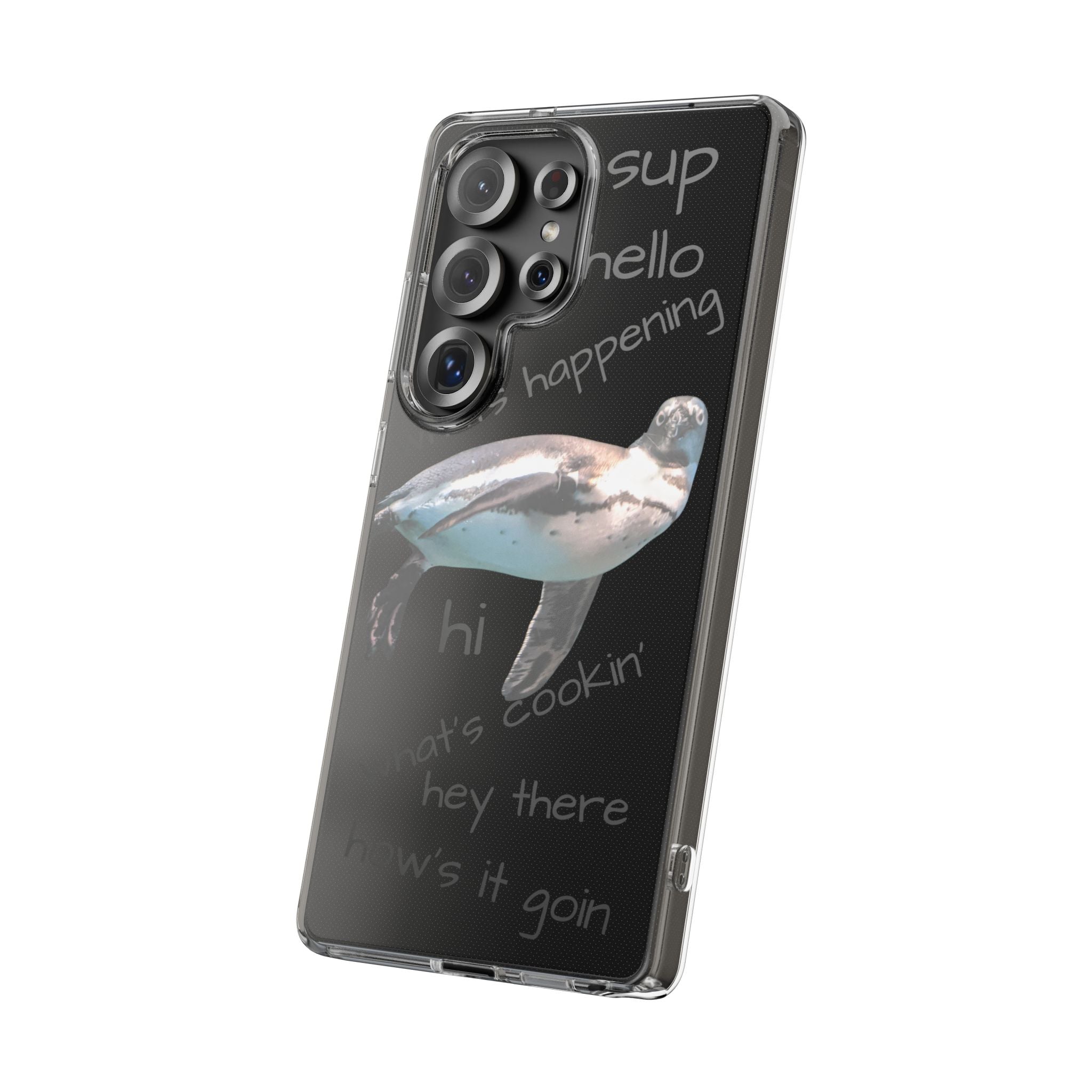 Clear Penguin Phone Case — Cute Floating Penguin with Casual Greetings, Clear Impact‑Resistant iPhone Case