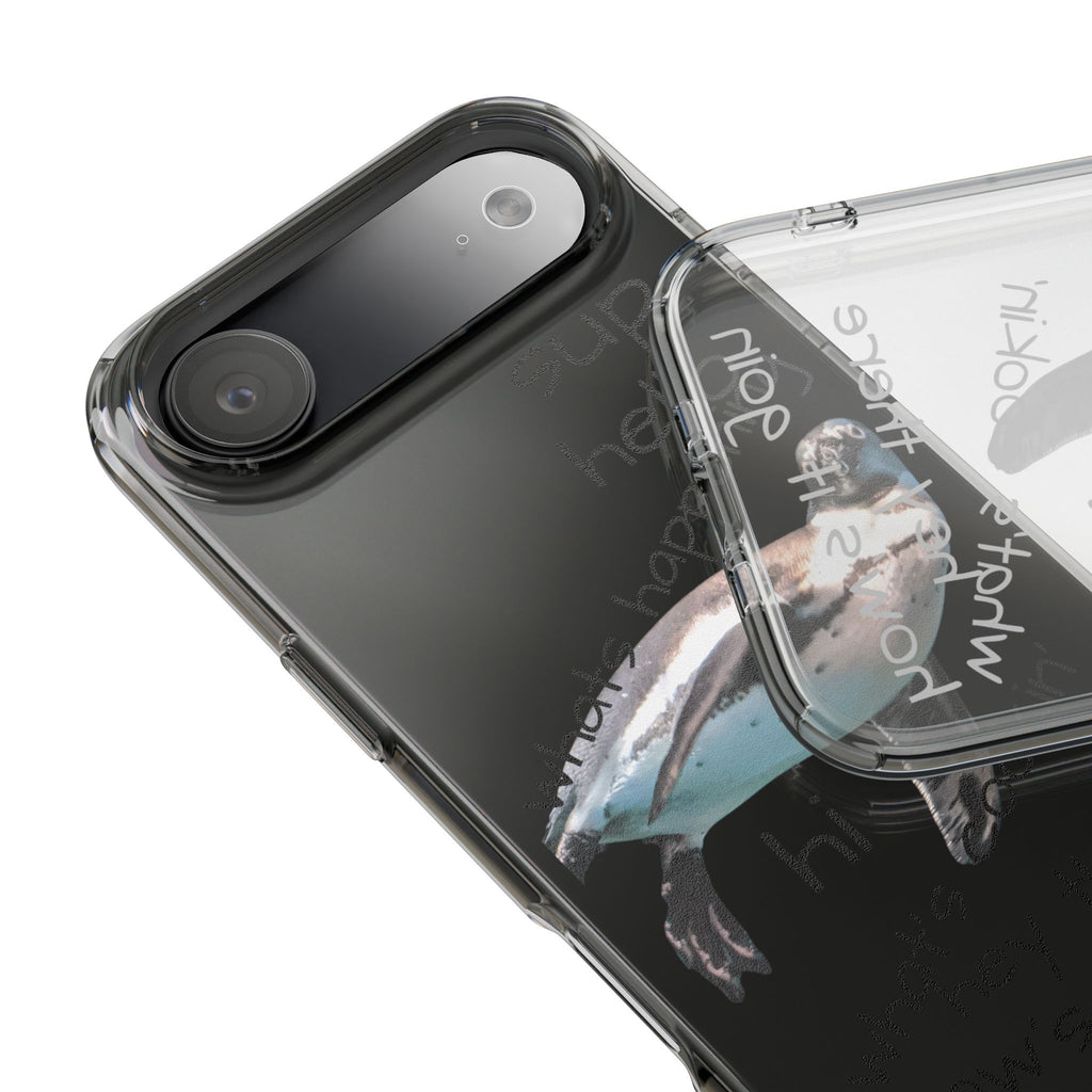 Clear Penguin Phone Case — Cute Floating Penguin with Casual Greetings, Clear Impact‑Resistant iPhone Case