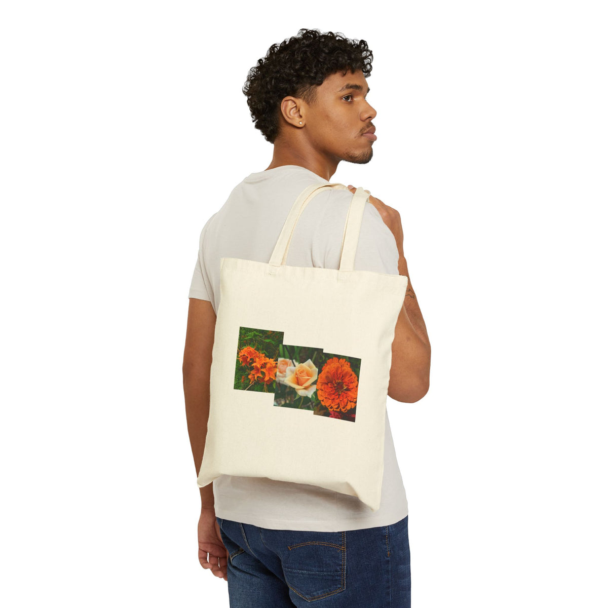 Orange Rose & Marigold Floral Canvas Tote Bag — Botanical Collage Print, Reusable Eco Grocery Bag, Garden Gift