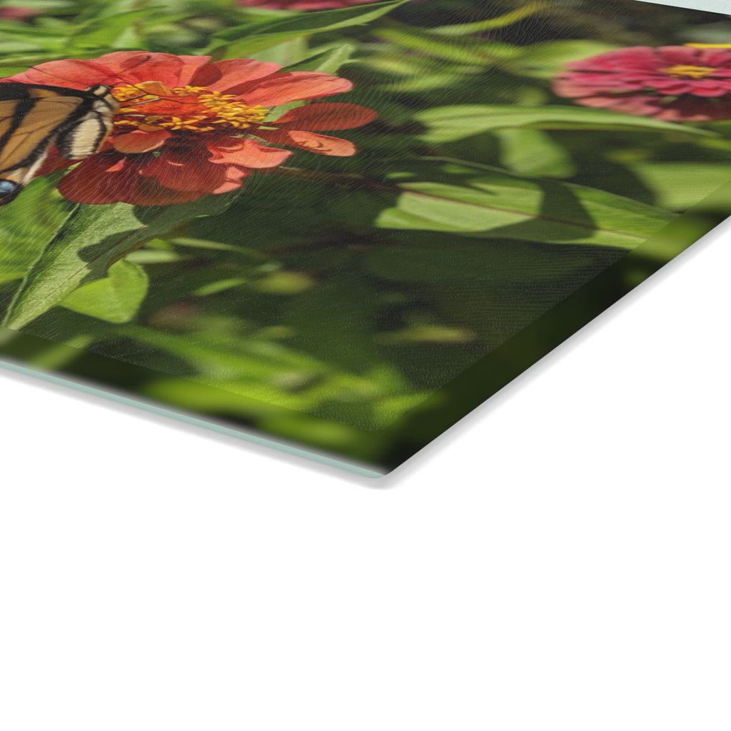 Floral Butterfly Glass Cutting Board — Nature Photography Kitchen Decor, Tempered Glass Chopping Board, Garden Gift