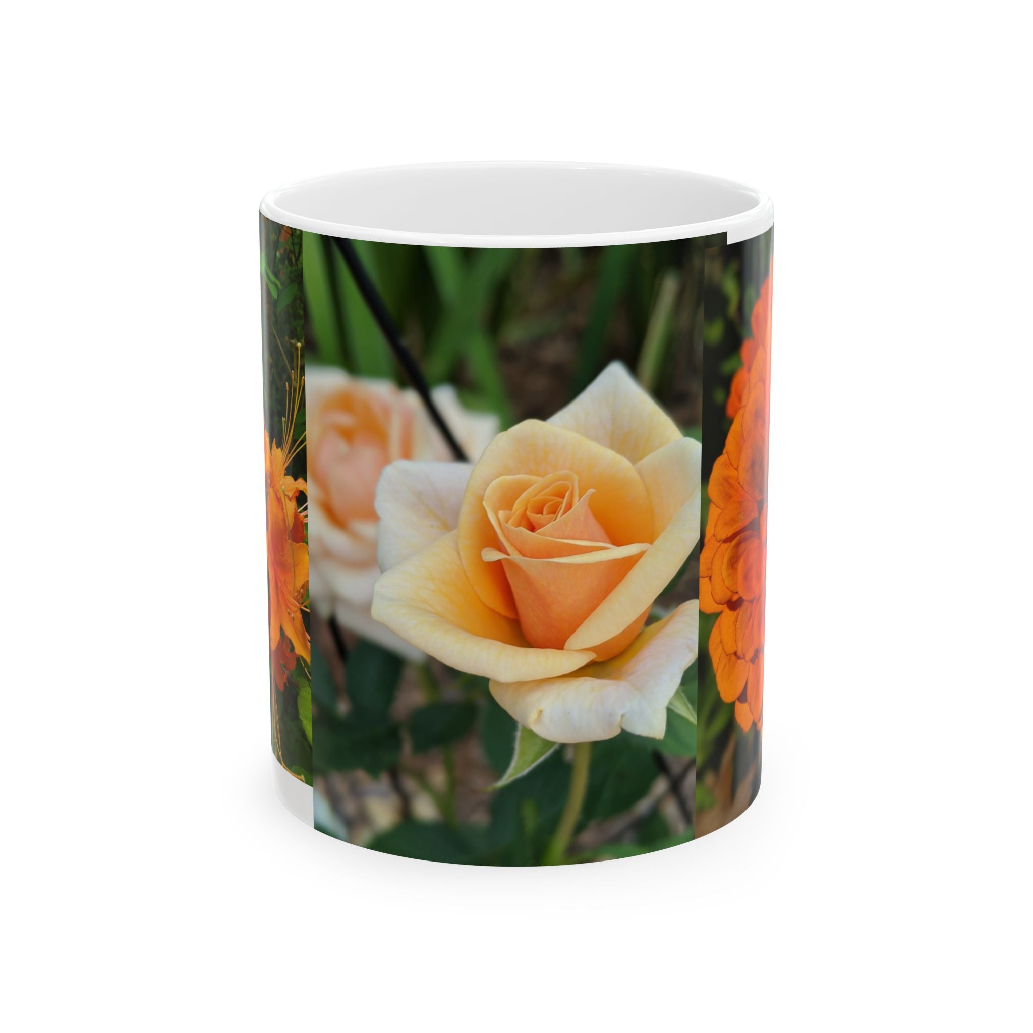Peach & Orange Rose Ceramic Mug — Floral Garden Photo Coffee Cup (11oz, 15oz)
