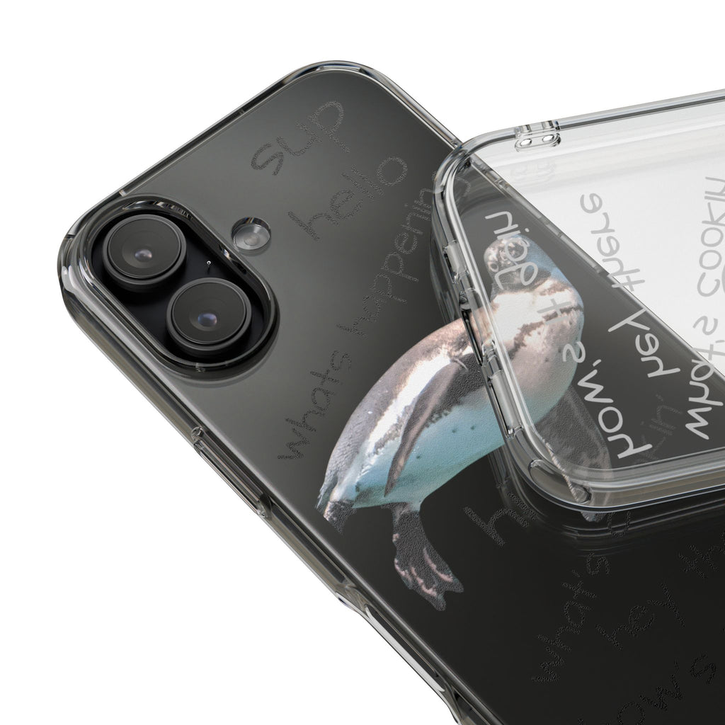 Clear Penguin Phone Case — Cute Floating Penguin with Casual Greetings, Clear Impact‑Resistant iPhone Case