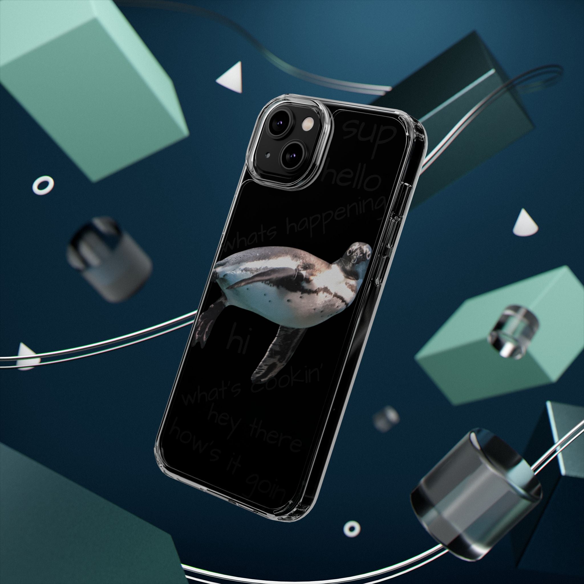 Clear Penguin Phone Case — Cute Floating Penguin with Casual Greetings, Clear Impact‑Resistant iPhone Case